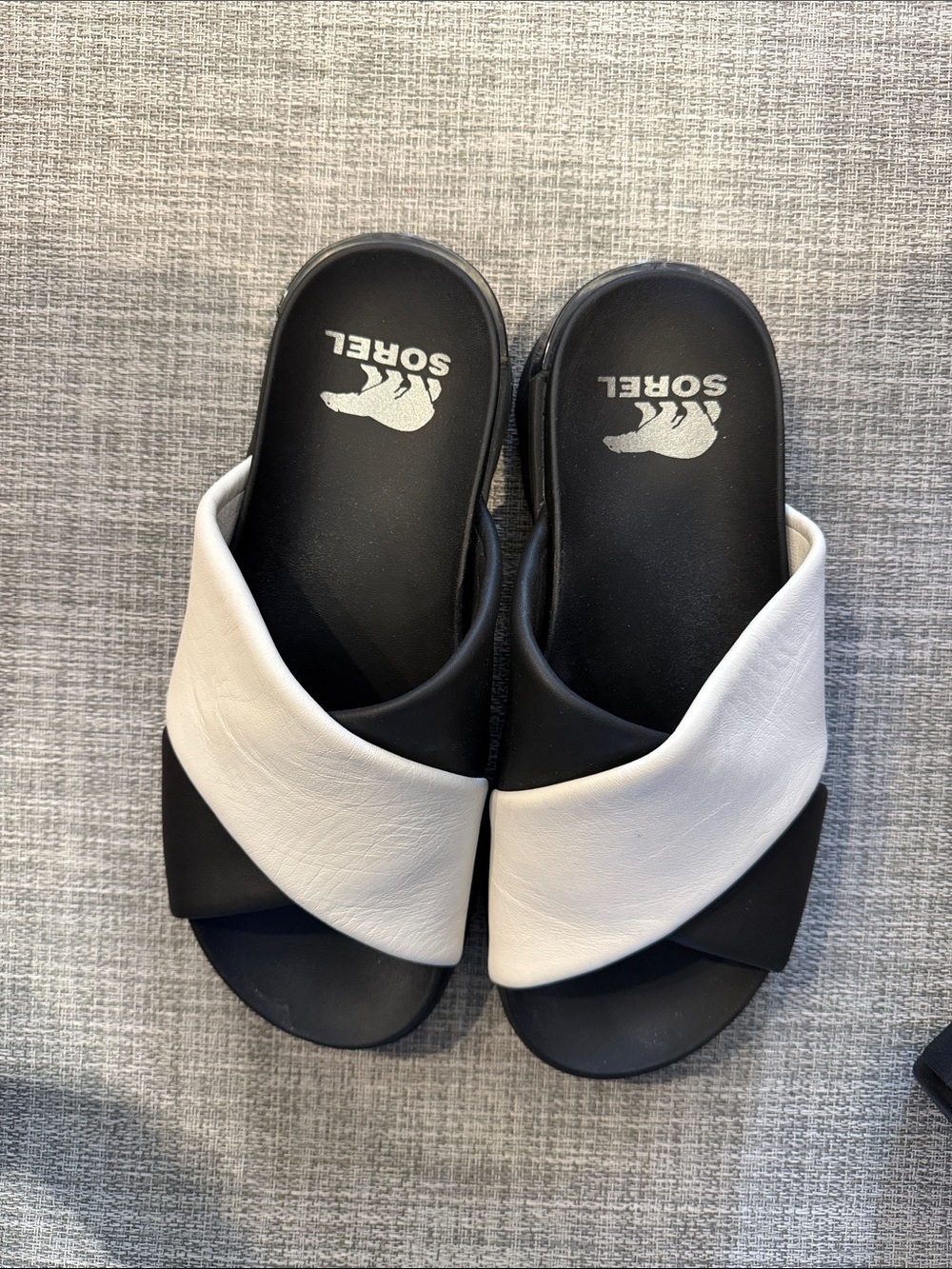 Sorel Black & White Crossover Slide Sandals